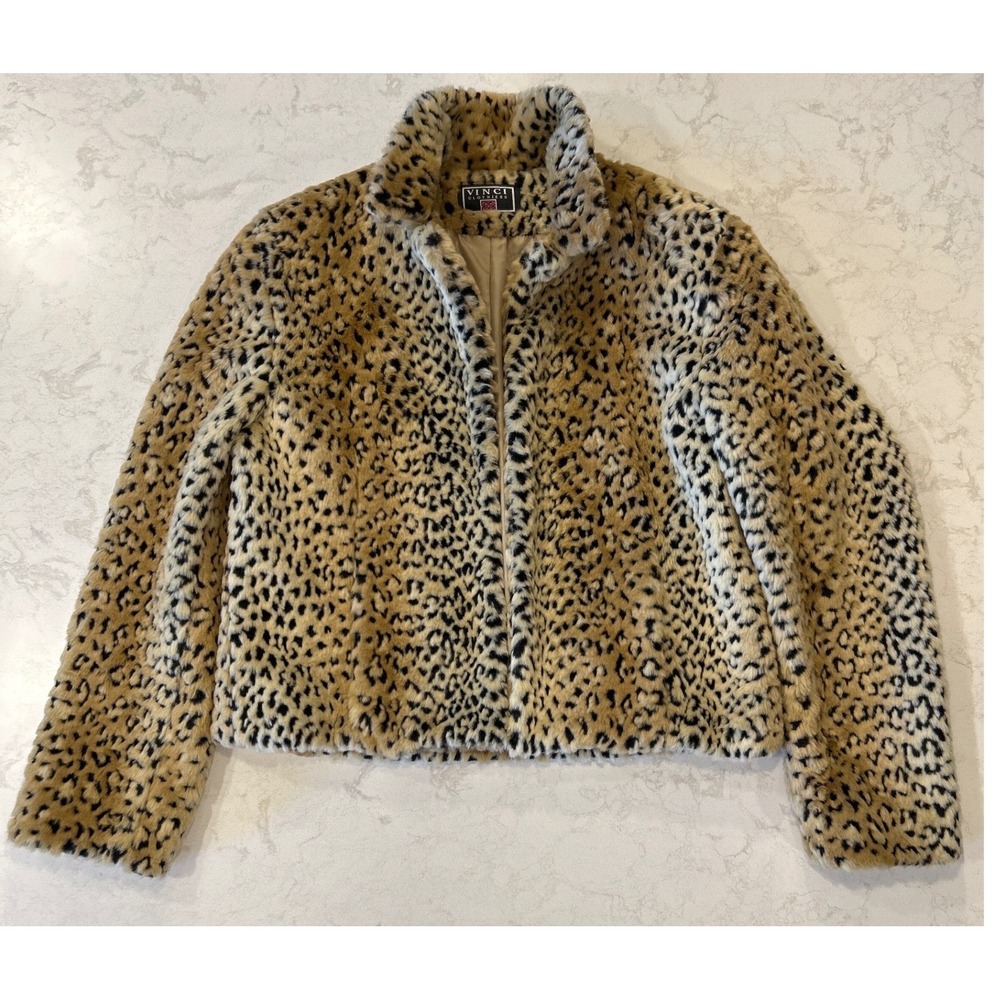 Vinci Clothiers Leopard Faux Fur Jacket Vintage Animal Print Tan Black 10 Crop